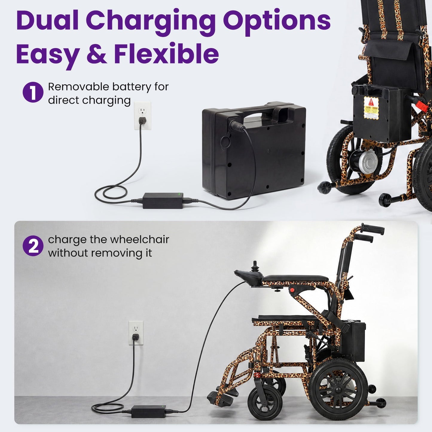 QEASET Electric Wheelchair for Seniors, 20+ Miles Long-Range (286LBS) Lightweight Portable Electric Wheelchair for Adults, Smart Motorized Mobility Scooter with 360° Joystick, Leopard Print