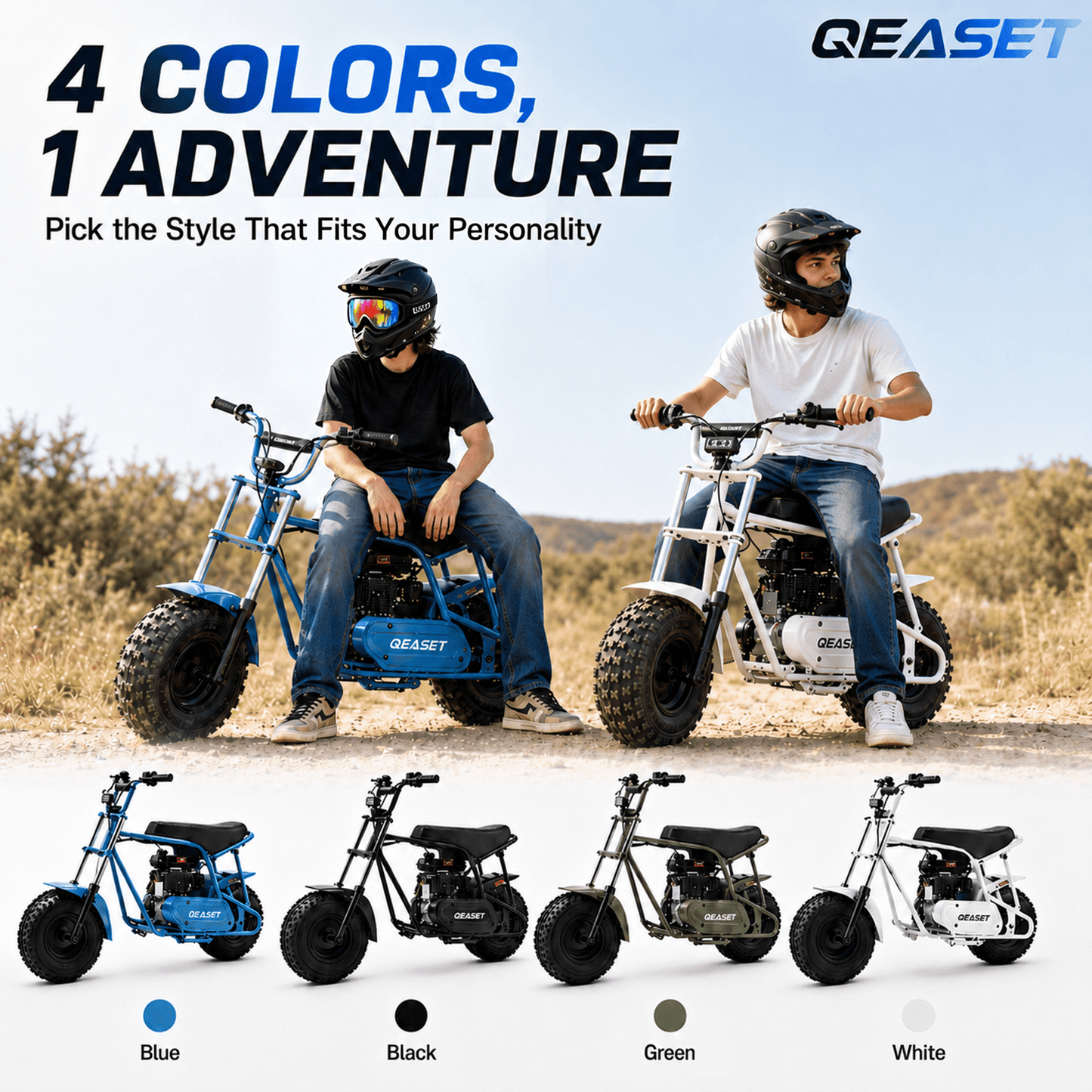 QEASET 105CC 4-Stroke Mini Bike with Shock Absorption, Off-Road Motorcycle, Blue