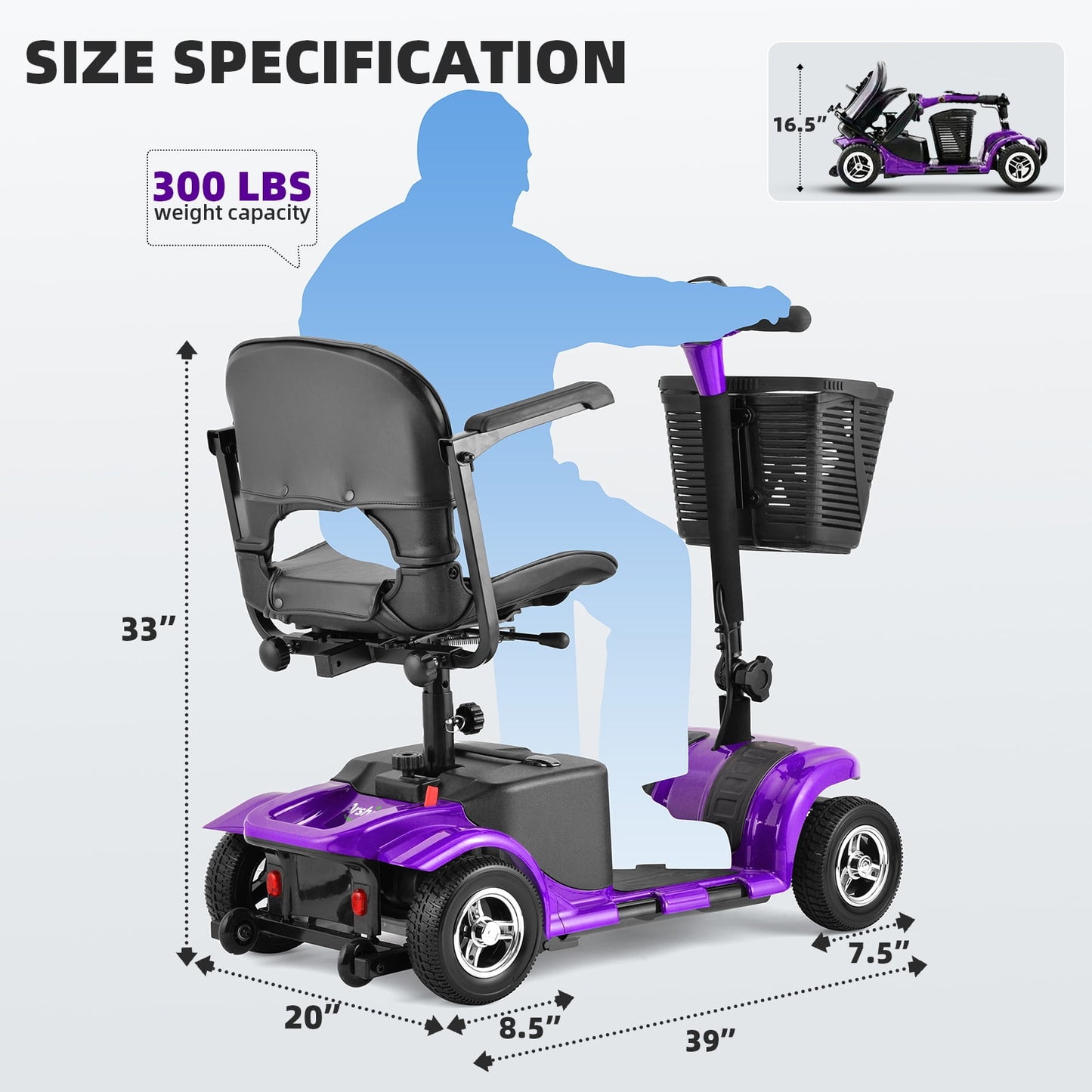 Arshin Mobility Scooter,4 Wheel Mobility Scooter for Adults,Senior,Electric Powered Wheelchair Chargeable Device for Travel,Purple