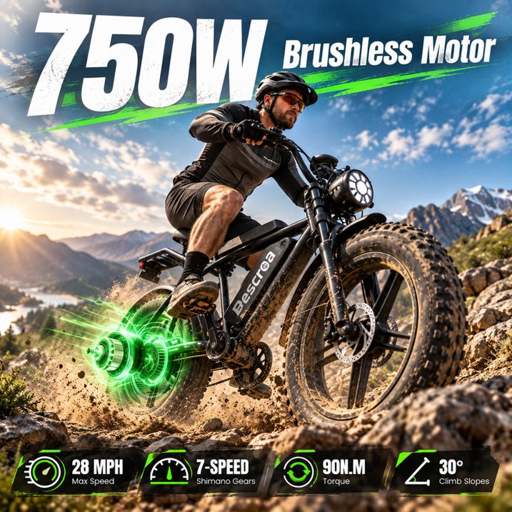 Pescroa Electric Bike for Adults, 750W Motor, 20"x4" Fat Tire, 28MPH Pedal-Assist Mode, E Mountain Bike, 48V/15AH , Tested to UL2849 Standard by SGS