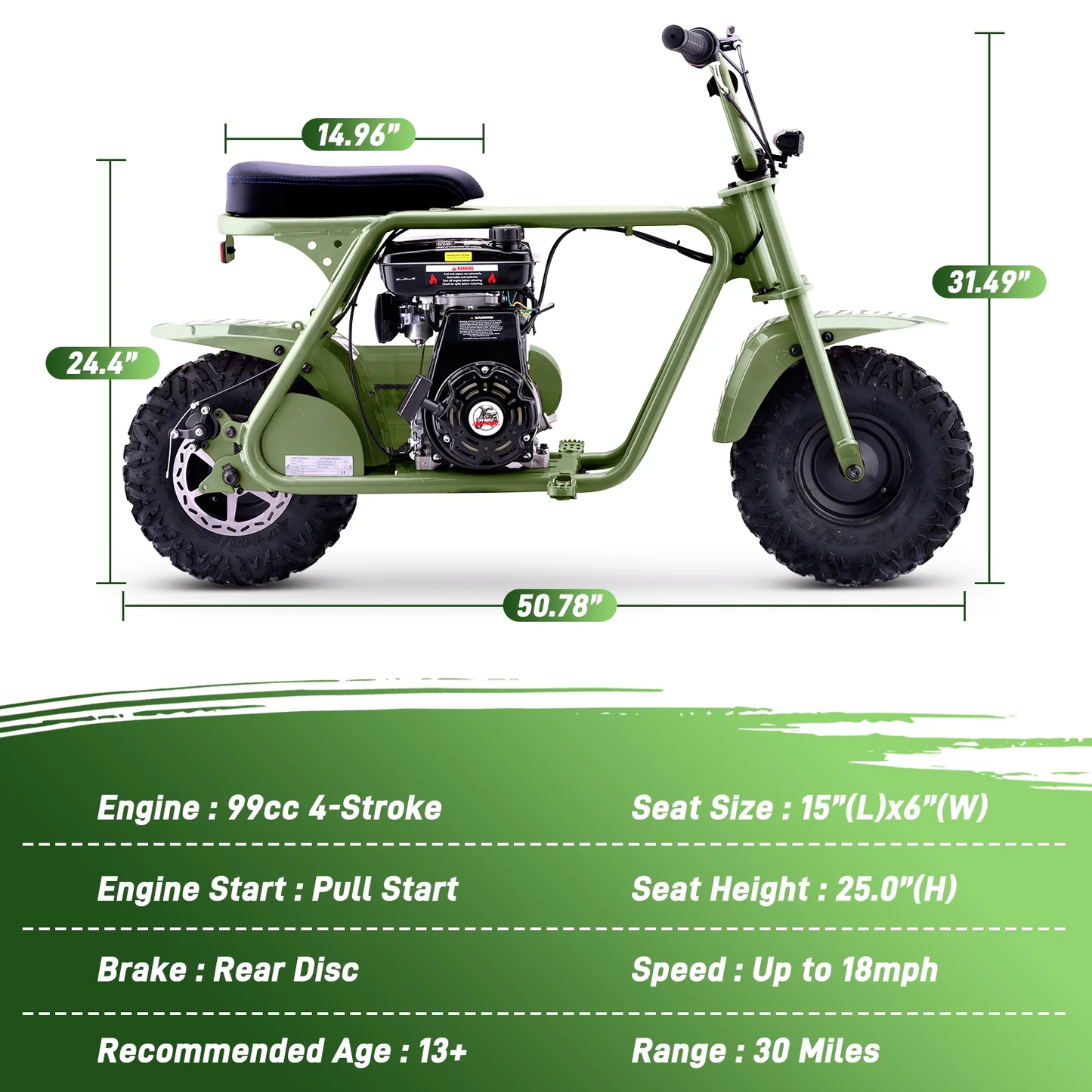 Aoemoe 99CC MB001 Gasoline Mini Dirt Bike,4-Stroke 18MPH Off Road Motorcycle, Weight Support Up to 165 LBS - Army green