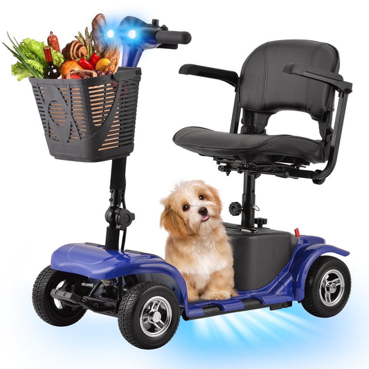 Aoemoe 4 Wheels Mobility Scooter for Adults, Senior Electric Powered Chargeable Device for Travel, Lightweight and Portable, with LED Headlights and Basket, Charger Included (Blue)