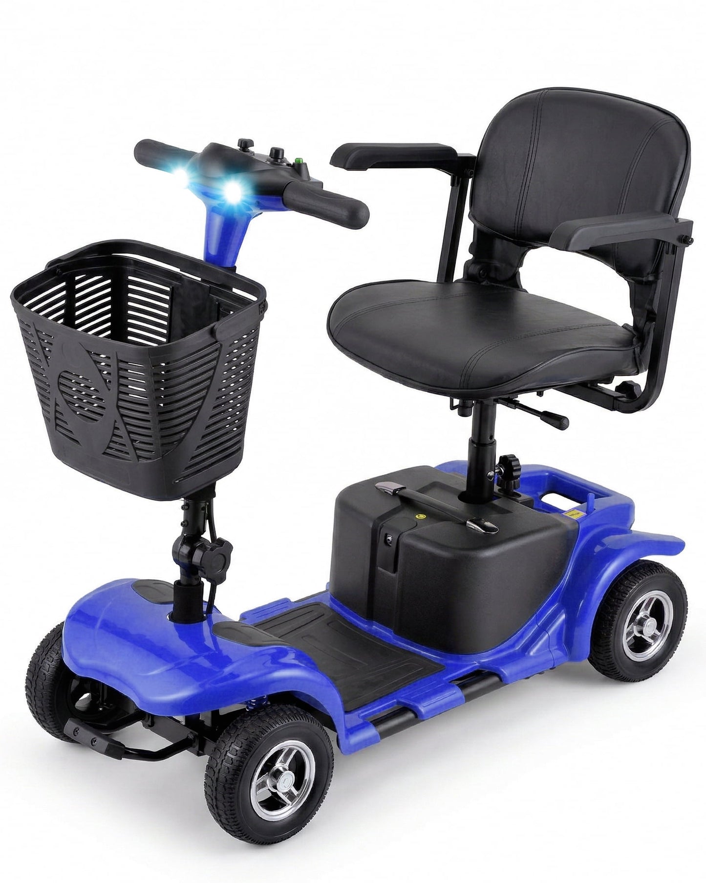 4 Wheels Mobility Scooter for Adults, Senior Electric Powered Chargeable Device for Travel, Lightweight and Portable, with LED Headlights and Basket, Charger Included (Blue)