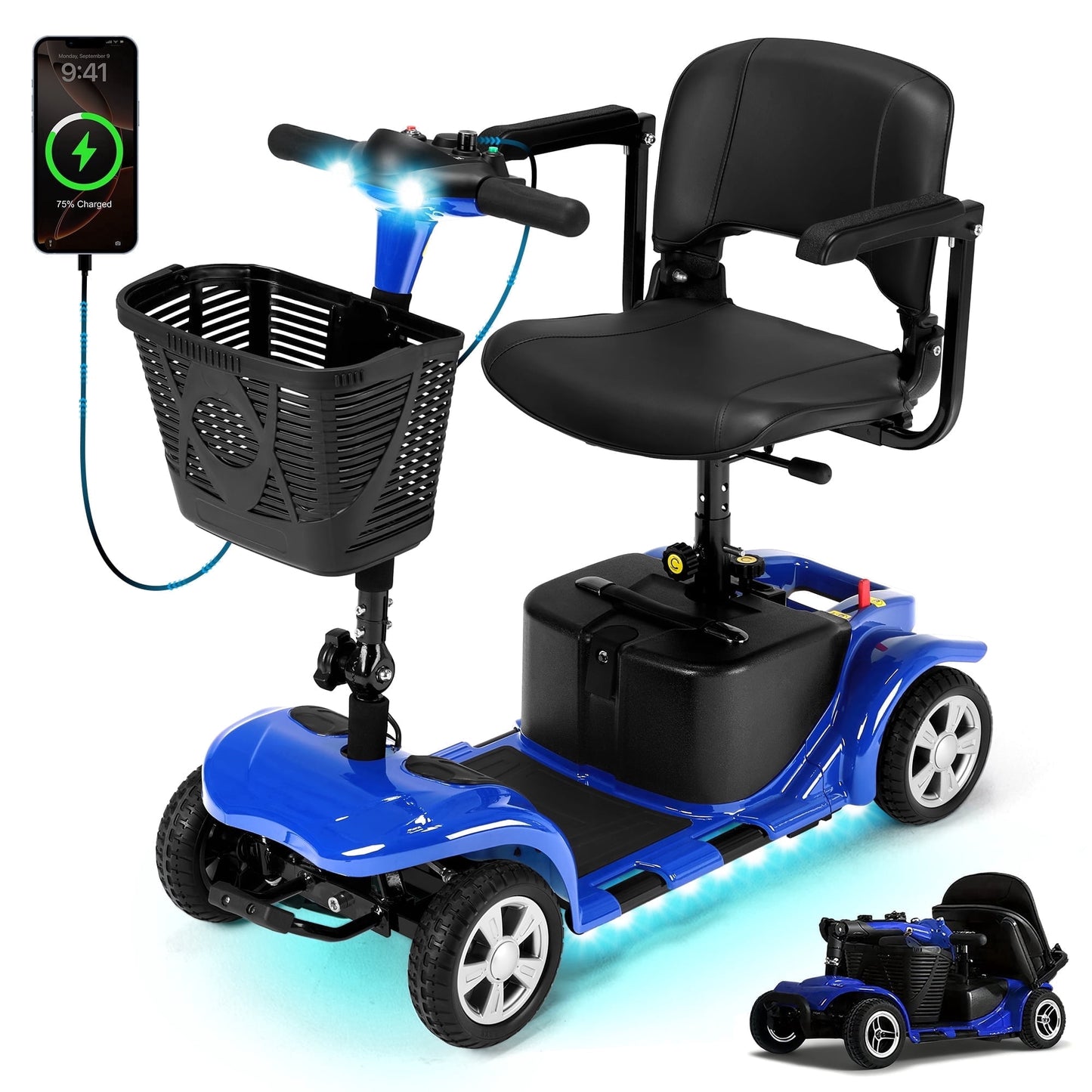4 Wheels Mobility Scooter for Seniors & Adults,15 Miles Electric Folding Wheelchair Device for Travel,Sunderwell,USB Port,300 lbs Capacity,Blue