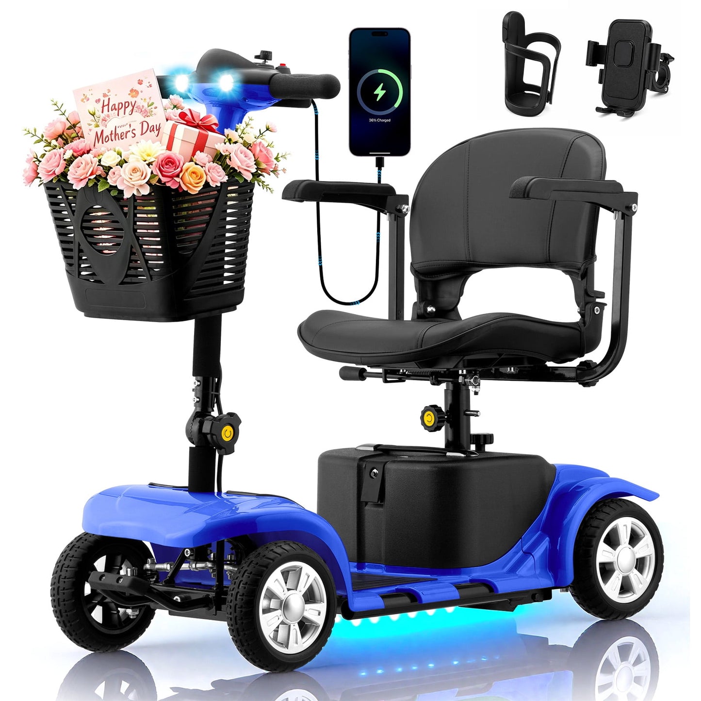 Aoemoe 4 Wheel Mobility Scooter for Seniors, Foldable Powered Mobile Wheelchair for Adult 300lbs, Blue