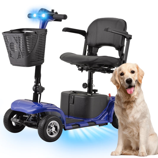 4 Wheels Mobility Scooter for Adults, Senior Electric Powered Chargeable Device for Travel, Lightweight and Portable, with LED Headlights and Basket, Charger Included (Blue)