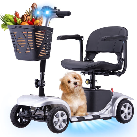Aoemoe 4 Wheels Mobility Scooter for Adults, Senior Electric Powered Chargeable Device for Travel, Lightweight and Portable, with LED Headlights and Basket, Charger Included (GRAY)