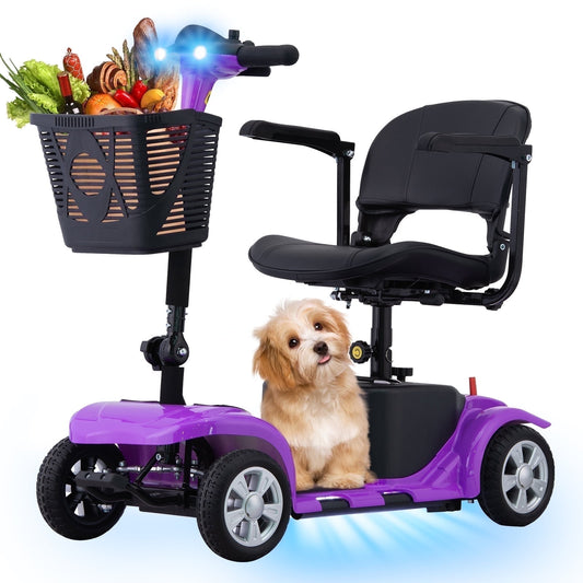 Aoemoe 4 Wheels Mobility Scooter for Adults, Senior Electric Powered Chargeable Device for Travel, Lightweight and Portable, with LED Headlights and Basket, Charger Included (PURPLE)