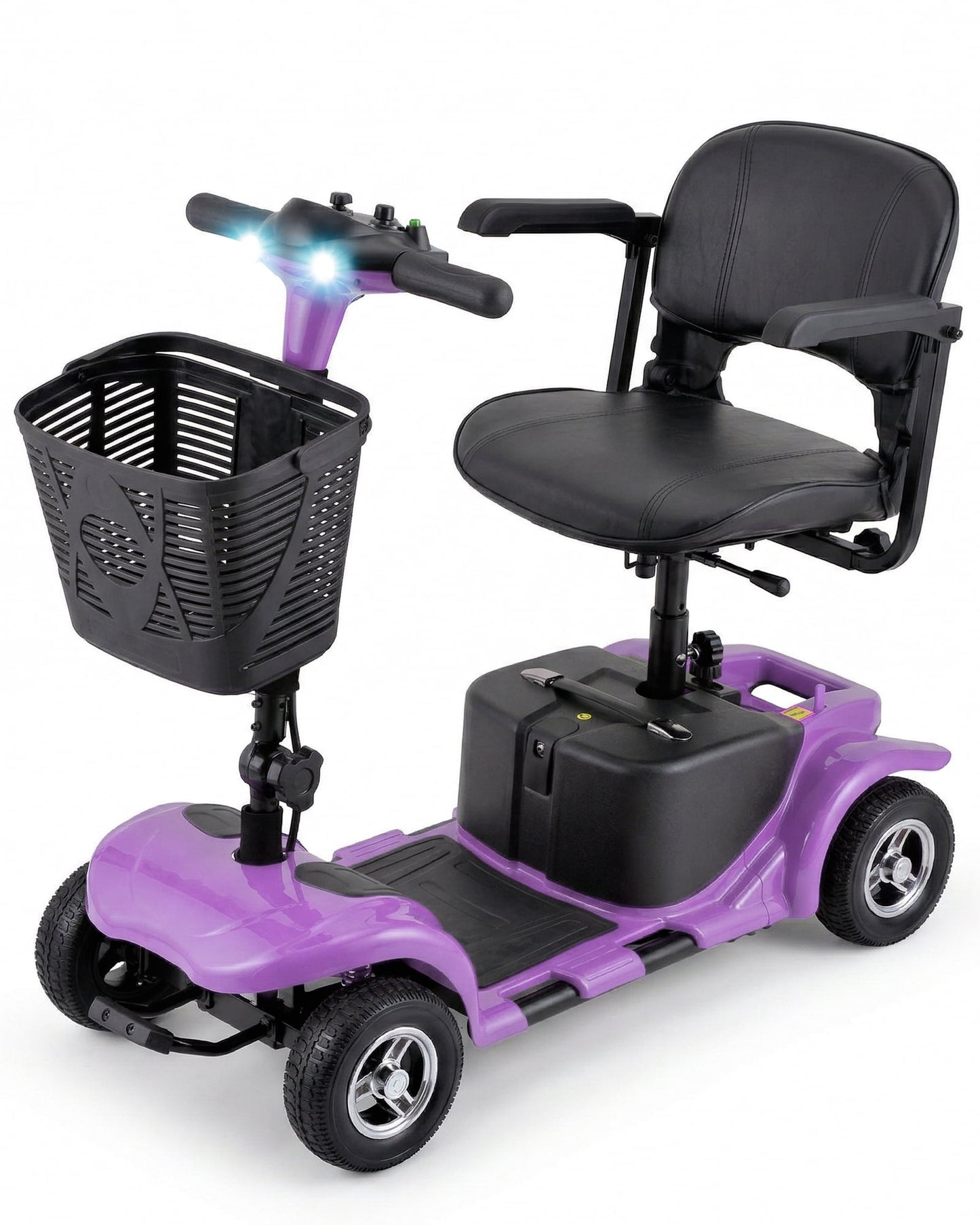 4 Wheels Mobility Scooter for Adults, Senior Electric Powered Chargeable Device for Travel, Lightweight and Portable, with LED Headlights and Basket, Charger Included (Purple)