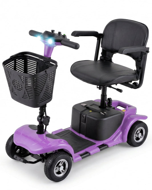 4 Wheels Mobility Scooter for Adults, Senior Electric Powered Chargeable Device for Travel, Lightweight and Portable, with LED Headlights and Basket, Charger Included (Purple)