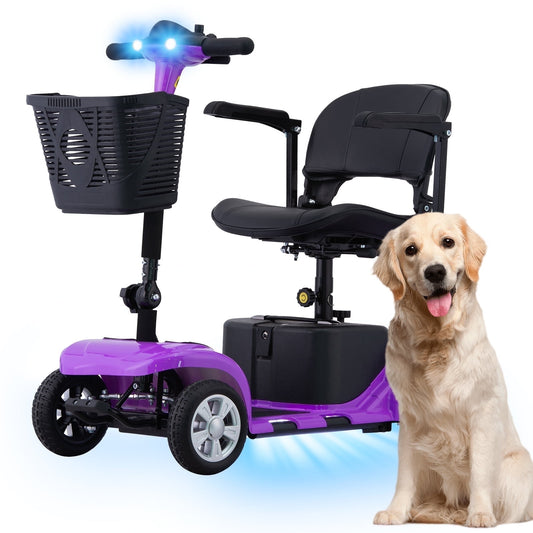 4 Wheels Mobility Scooter for Adults, Senior Electric Powered Chargeable Device for Travel, Lightweight and Portable, with LED Headlights and Basket, Charger Included (Purple)