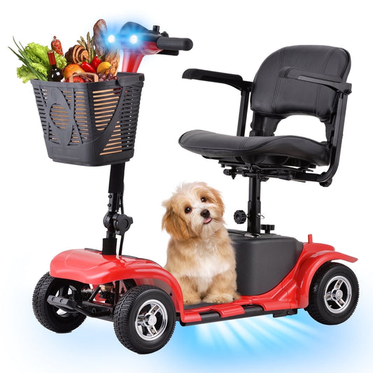 Aoemoe 4 Wheels Mobility Scooter for Adults, Senior Electric Powered Chargeable Device for Travel, Lightweight and Portable, with LED Headlights and Basket, Charger Included (RED)
