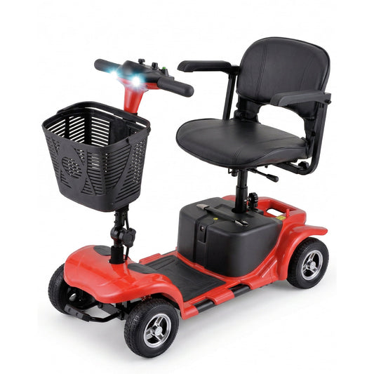 4 Wheels Mobility Scooter for Adults, Senior Electric Powered Chargeable Device for Travel, Lightweight and Portable, with LED Headlights and Basket, Charger Included (Red)