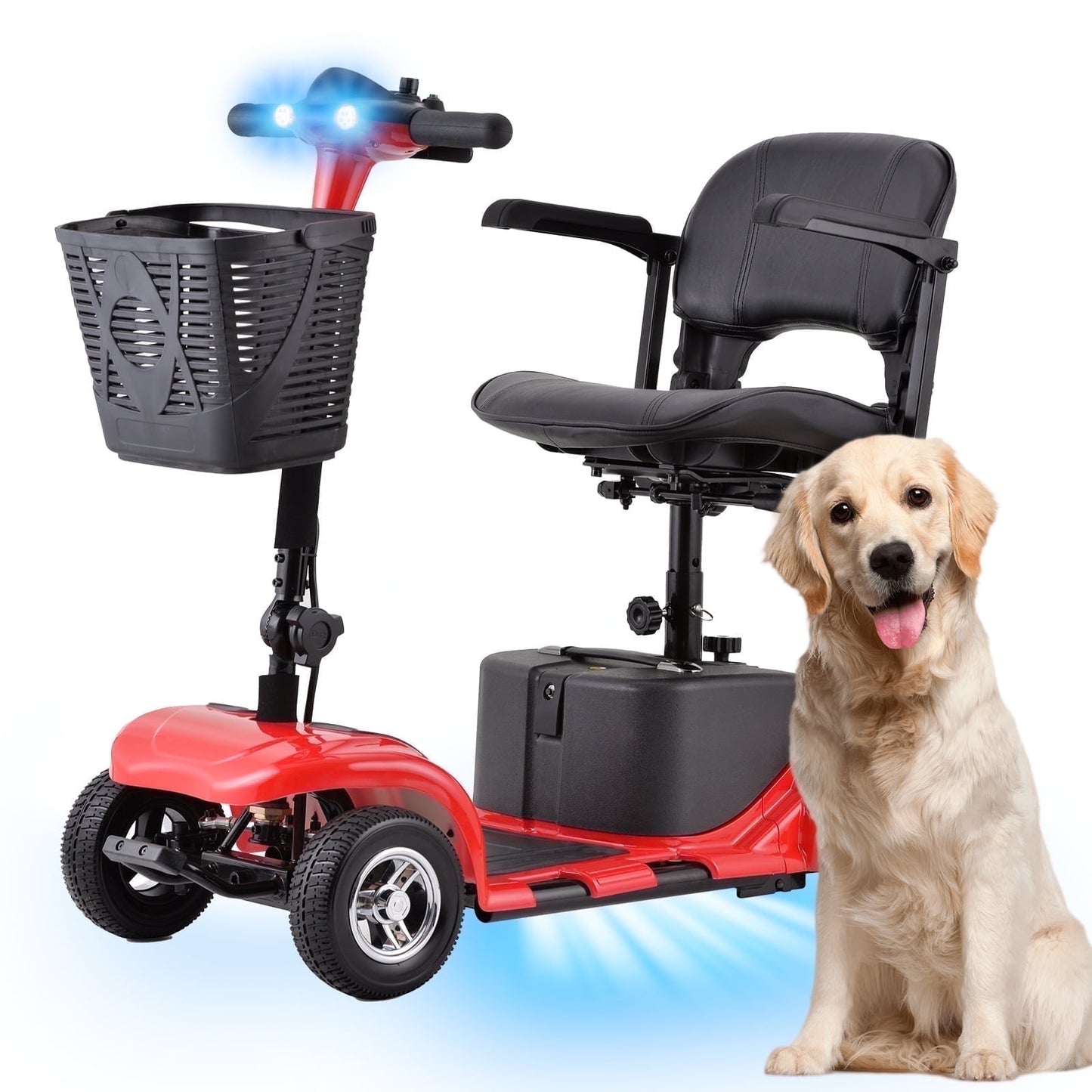 4 Wheels Mobility Scooter for Adults, Senior Electric Powered Chargeable Device for Travel, Lightweight and Portable, with LED Headlights and Basket, Charger Included (Red)