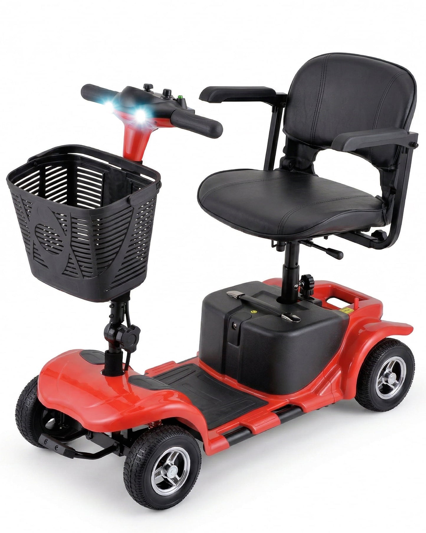 4 Wheels Mobility Scooter for Adults, Senior Electric Powered Chargeable Device for Travel, Lightweight and Portable, with LED Headlights and Basket, Charger Included (Red)
