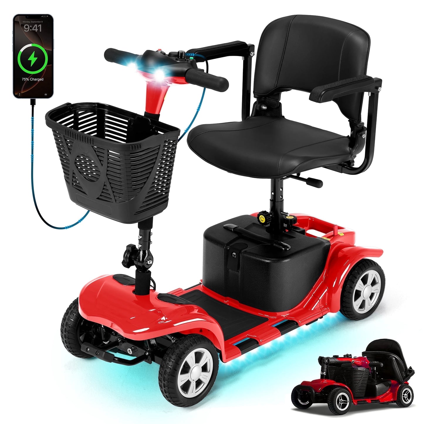 4 Wheels Mobility Scooter for Seniors & Adults,15 Miles Electric Folding Wheelchair Device for Travel,Sunderwell,USB Port,300 lbs Capacity,Red