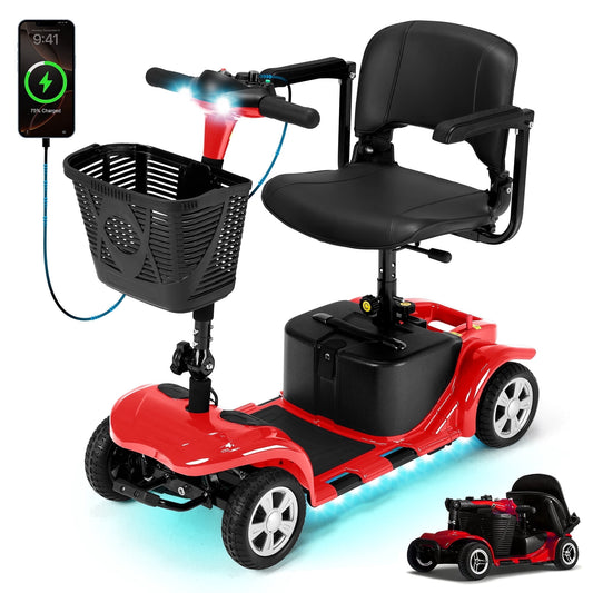 4 Wheels Mobility Scooter for Seniors & Adults,15 Miles Electric Folding Wheelchair Device for Travel,Sunderwell,USB Port,300 lbs Capacity,Red