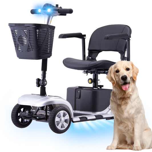 4 Wheels Mobility Scooter for Adults, Senior Electric Powered Chargeable Device for Travel, Lightweight and Portable, with LED Headlights and Basket, Charger Included (Silver)