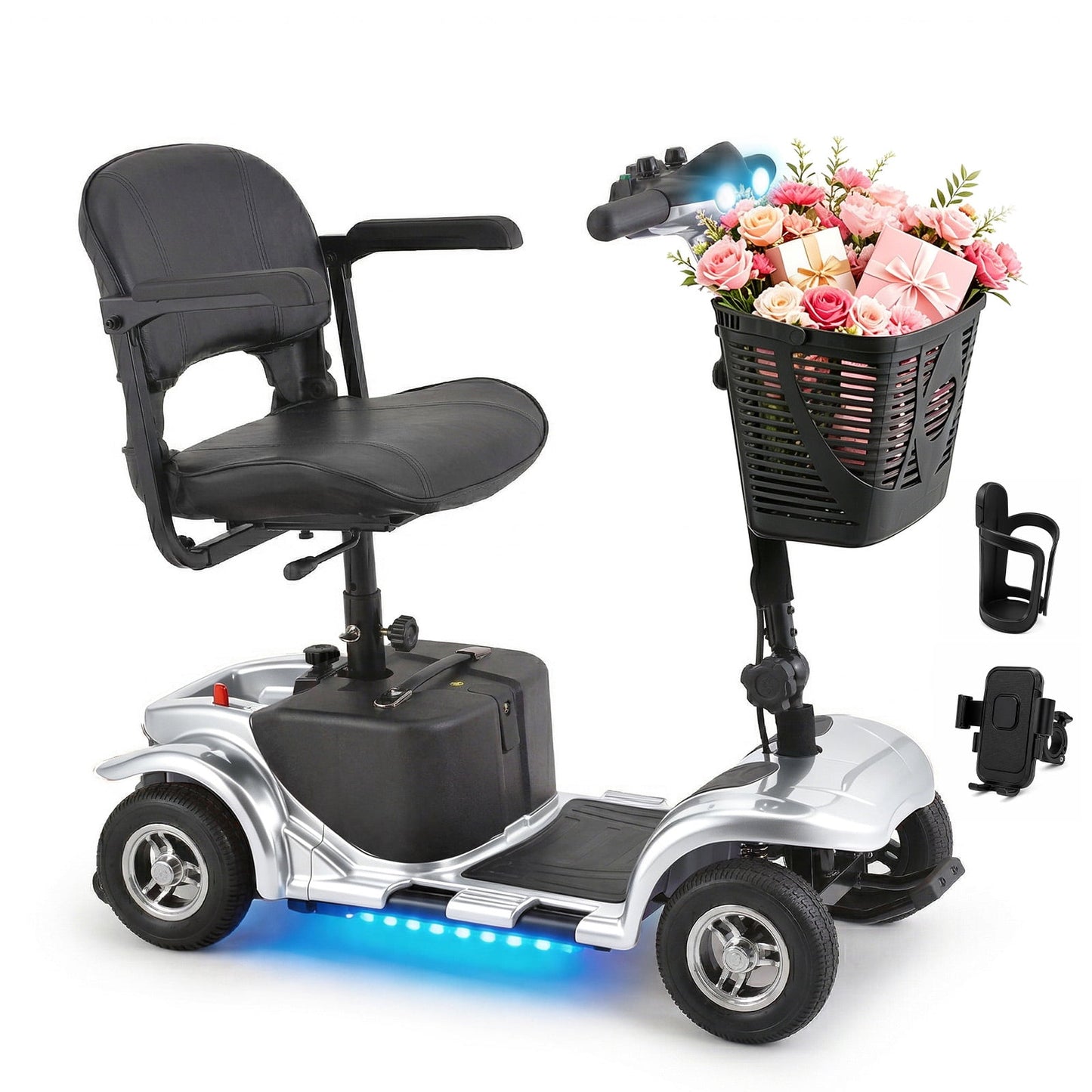 4 Wheels Mobility Scooter for Adults, Senior Electric Powered Chargeable Device for Travel, Lightweight and Portable, with LED Headlights and Basket, Charger Included (Silver)