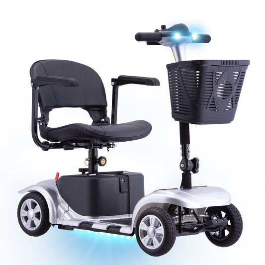 Aoemoe 4 Wheels Mobility Scooter for Adults, Senior Electric Powered Chargeable Device for Travel, Lightweight and Portable, with LED Headlights and Basket, Charger Included (Silver)