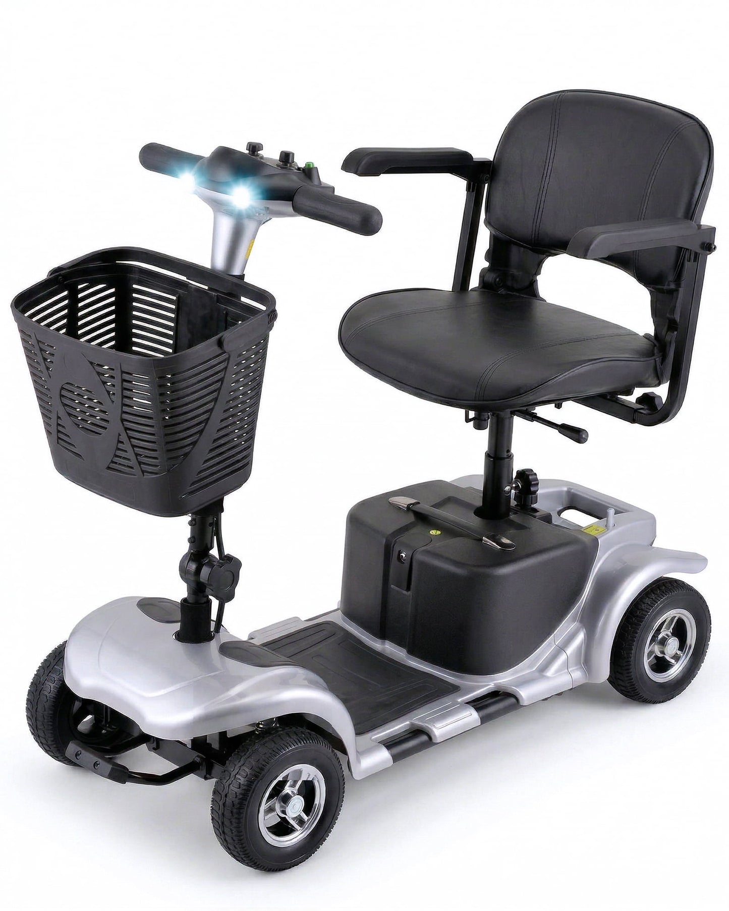 4 Wheels Mobility Scooter for Adults, Senior Electric Powered Chargeable Device for Travel, Lightweight and Portable, with LED Headlights and Basket, Charger Included (Silver)