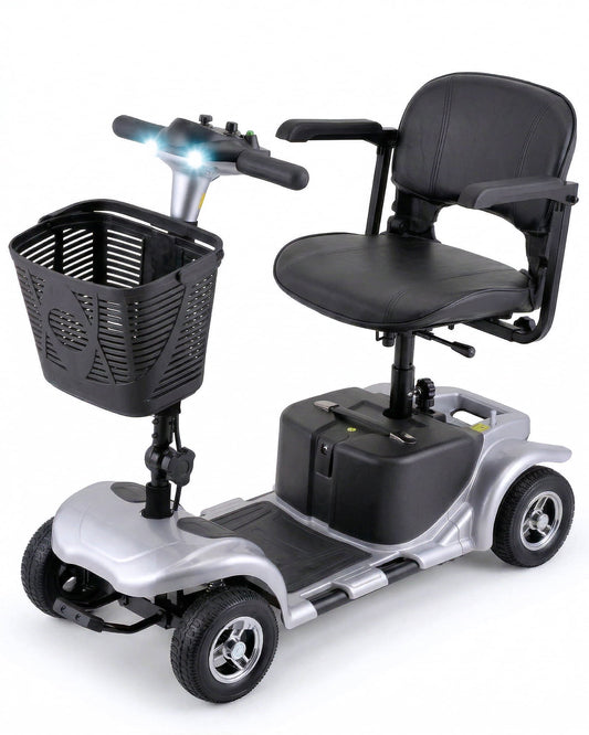 4 Wheels Mobility Scooter for Adults, Senior Electric Powered Chargeable Device for Travel, Lightweight and Portable, with LED Headlights and Basket, Charger Included (Silver)