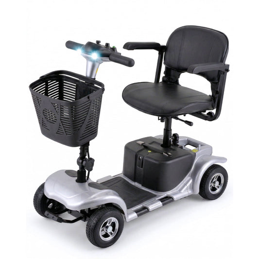 4 Wheels Mobility Scooter for Adults, Senior Electric Powered Chargeable Device for Travel, Lightweight and Portable, with LED Headlights and Basket, Charger Included (Silver)