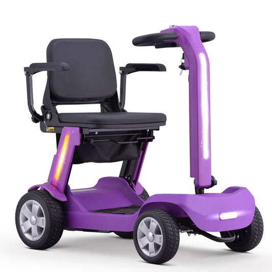 4 Wheels Mobility Scooter for Adults & Senior, Foldable Lightweight Powered Device for Travel, with LED Strip Light, Storage Bag, Charger Included, No Assemble Required (Purple)