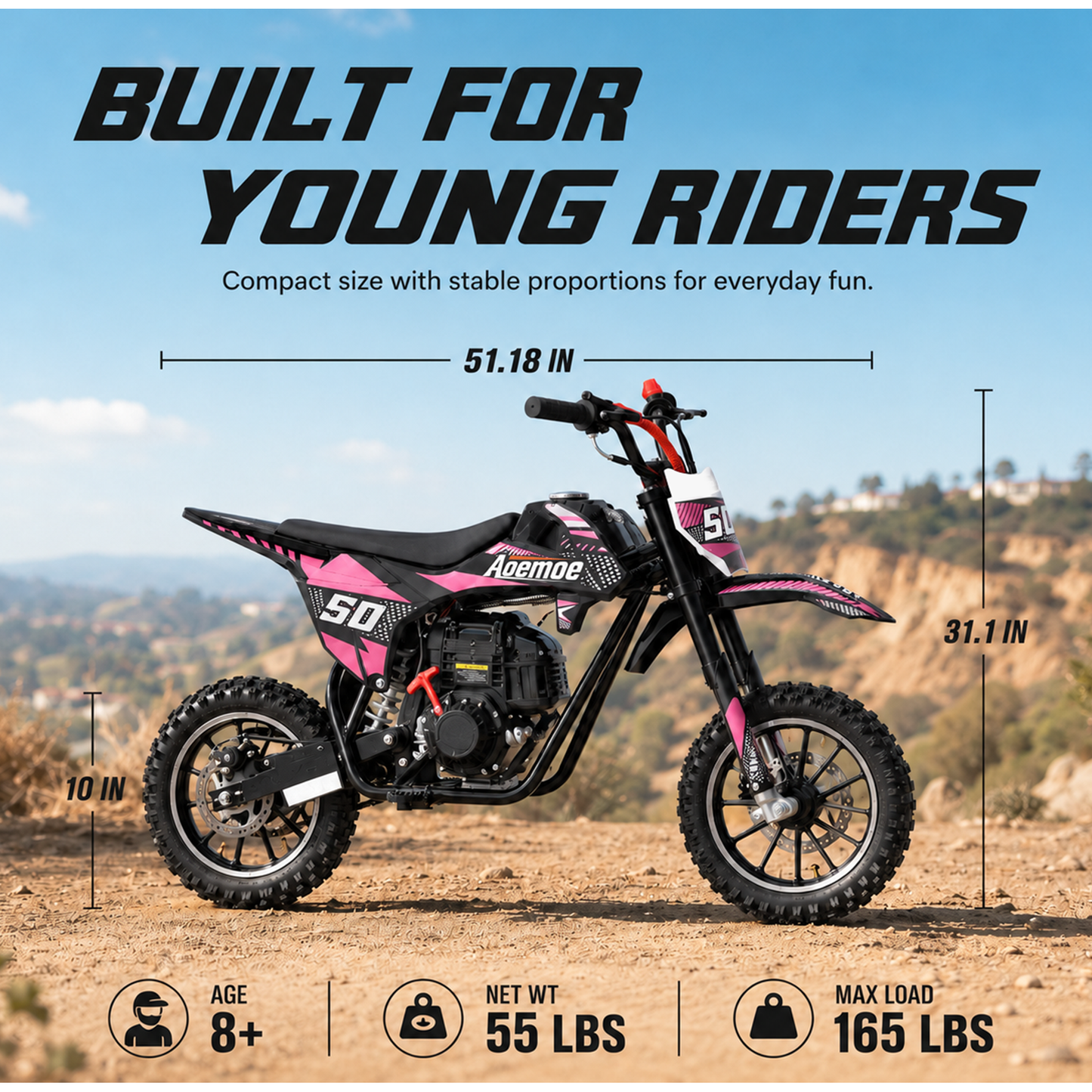Aoemoe 39cc motor bike, 20mph gas dirt bikes for boys 8 12, Disc Brakes, Max Load 165Lbs, kids dirt bike, Pink