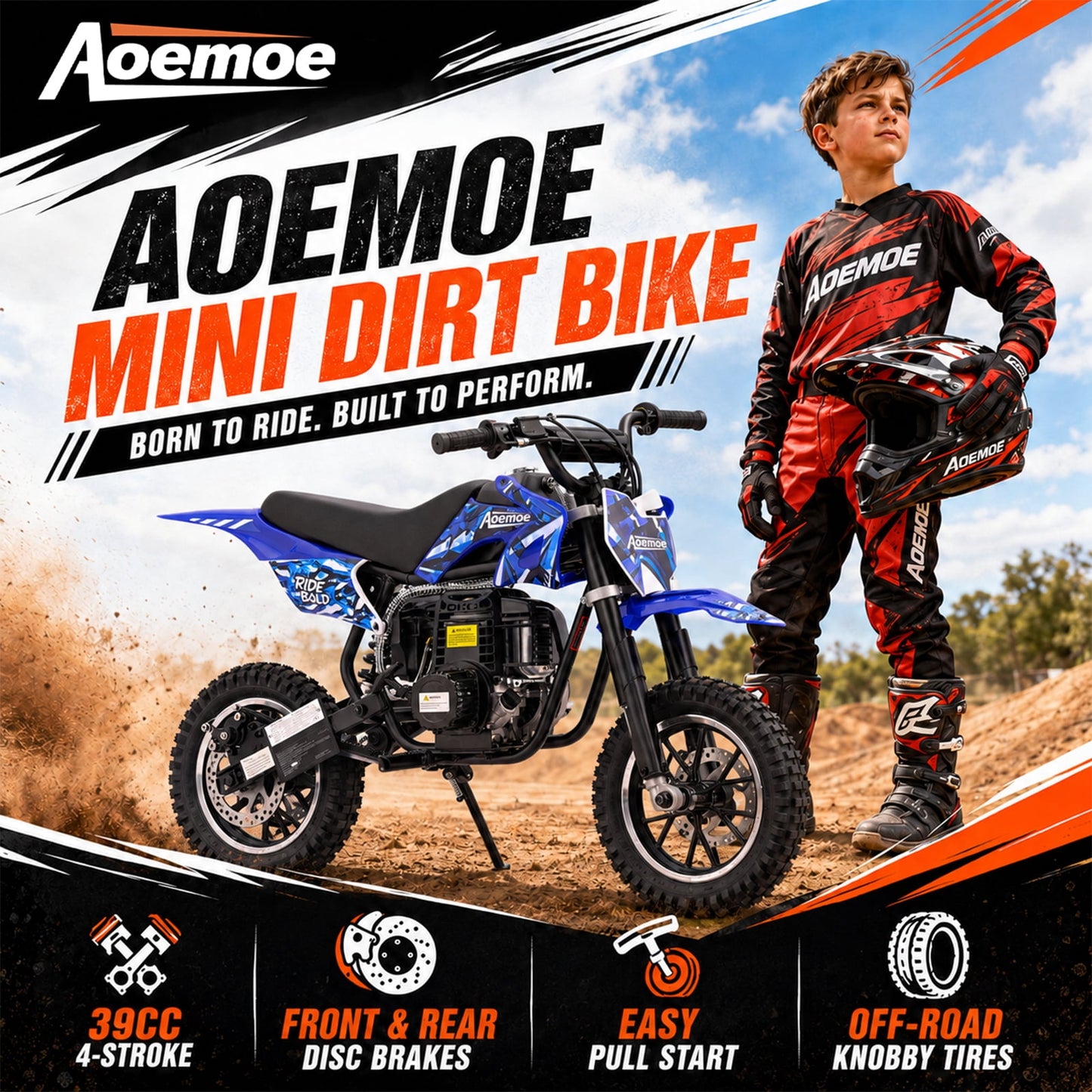 Aoemoe 49cc Kids Dirt Bike, Gasoline Powered 2-Stroke Mini Motorcycle, 1-Seater, Blue
