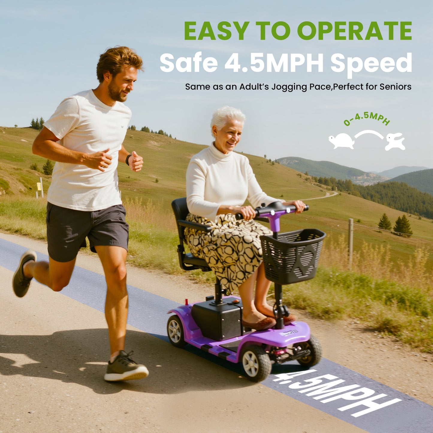 4 Wheels Mobility Scooter for Adults, Senior Electric Powered Chargeable Device for Travel, Lightweight and Portable, with LED Headlights and Basket, Charger Included (Purple)