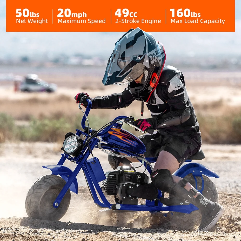 QEASET Mini Off-Road Dirt Bike, 49 CC 2-Stroke Gas Chopper Bike with Off-Road Tire, Disc Brakes, Max Load 160Lbs, Max Speed 18Mph, Blue