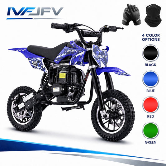 39cc 4-Stroke Gas Dirt Bike,IVFJFV Mini Bike 18Mph Max Speed for Beginners,Front and Rear Disc Brakes,Rear Suspension,Lightweight 48 Lbs & 20 Inch Seat Height Recommended Height 3'6"-4'8",Blue