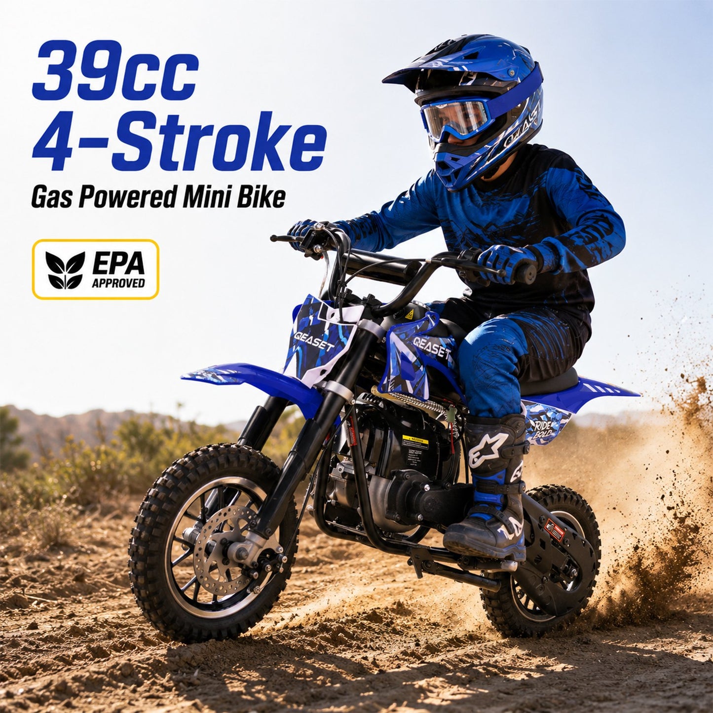QEASET Mini Bicycles Ride-On Toy, 39cc 4-Stroke Gas Powered Off-Road Motorcycle with Rear Suspension & Disc Brakes, 18 MPH Top Speed, Supports Up to 165 lbs, Blue