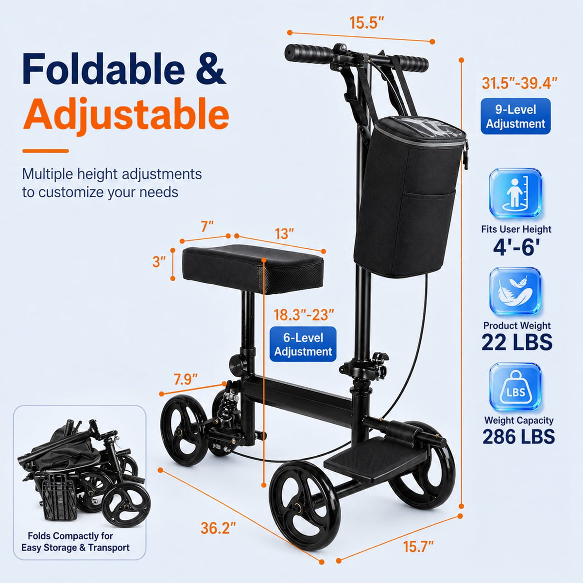 Ostrina Knee Scooter,All Terrain Foldable Knee Scooter Walker,Disc Brake Knee Walker for Foot Injuries,Compact Crutches Alternative