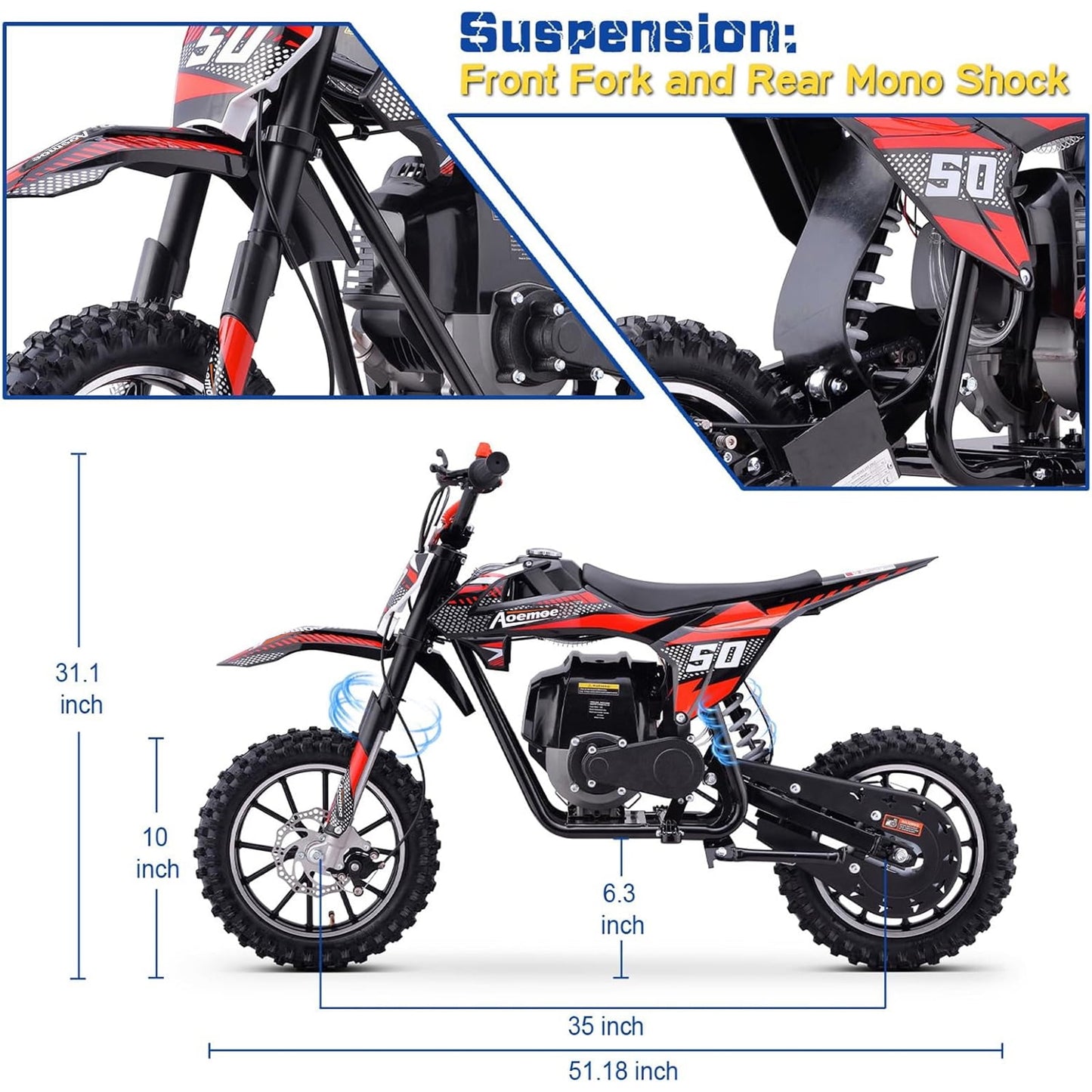 Aoemoe 40cc 4-Stroke Kids Mini Dirt Bike, Gas Powered, Rear Suspension & Disc Brakes, 20Mph/165Lbs,Red