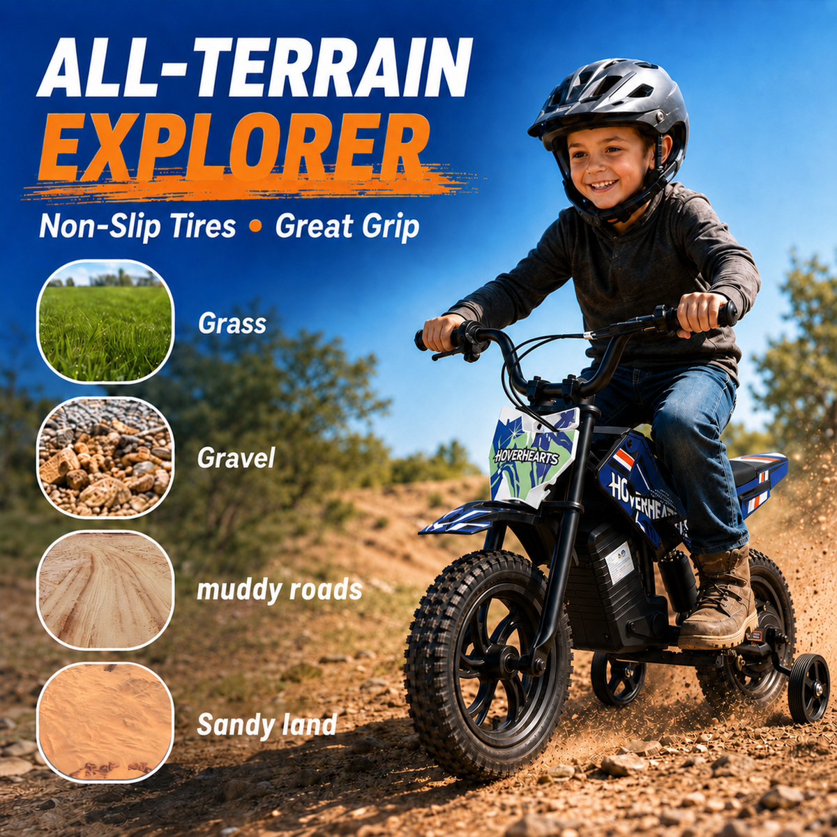 Aoemoe Electric Ride On Mini Bike for Beginners, 25.2V 2.6Ah Battery, Training Wheels & Rear Shock, 6.2 MPH Max Speed, All-Terrain Outdoor Toy, Blue