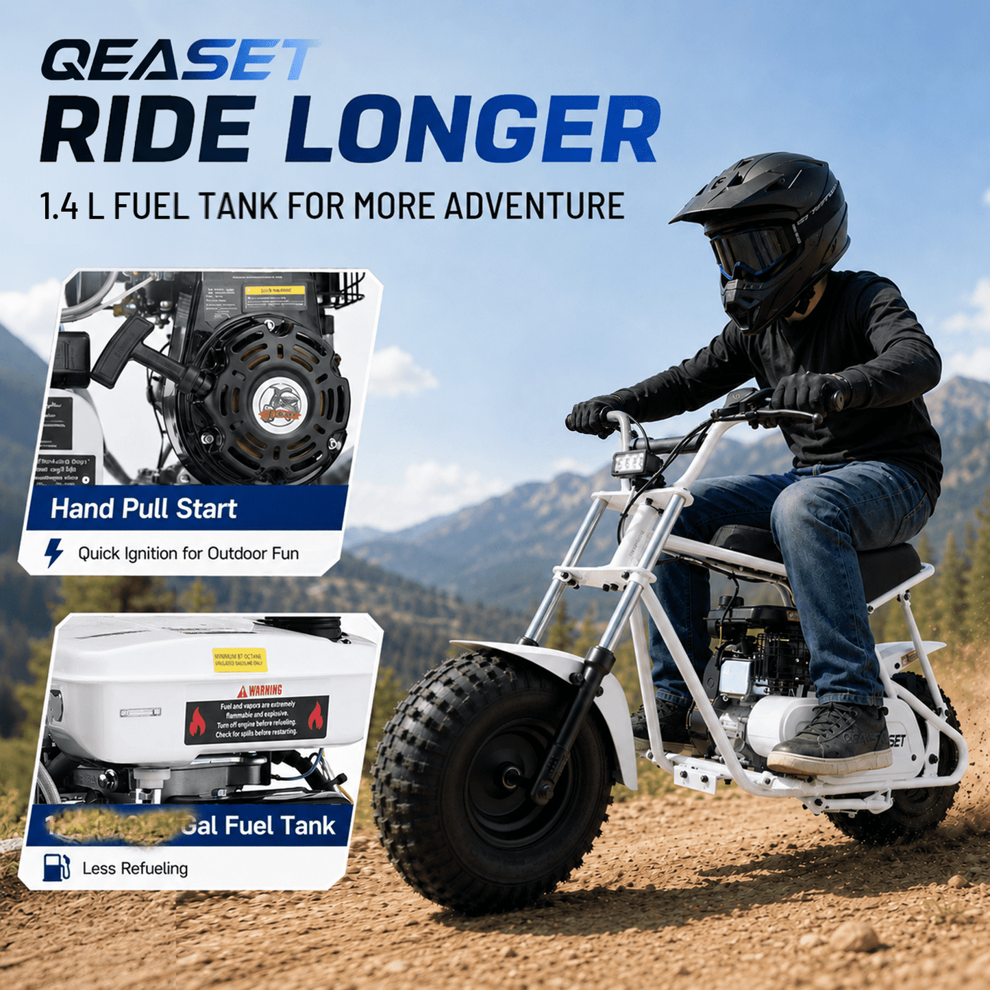 QEASET 105CC 4-Stroke Mini Bike with Shock Absorption, Off-Road Motorcycle, White
