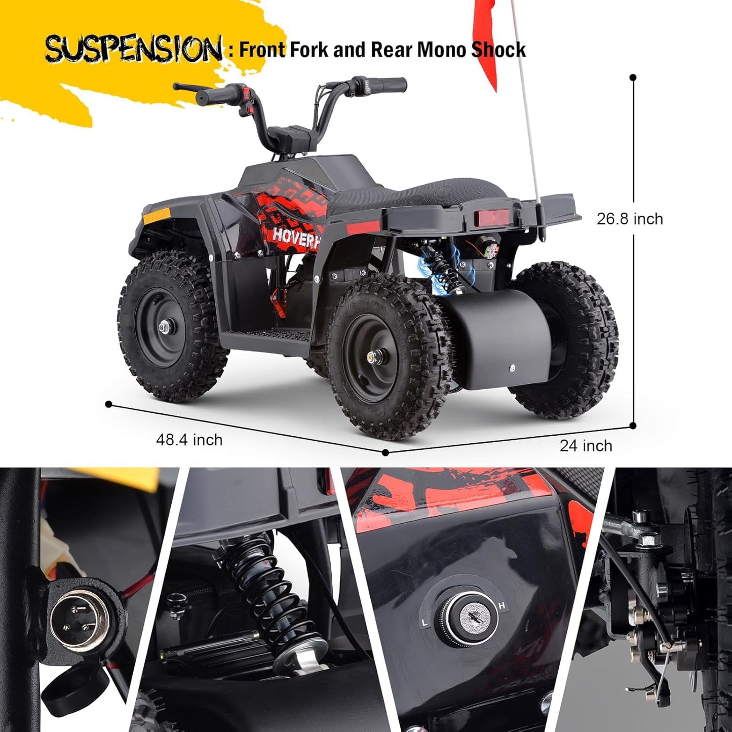 36V Electric 500W Motor 4-Wheeler with Front & Rear Suspension, IVFJFV Electric 4-wheel Off-Road Tires & Safety Flag & LED Headlights,Power Ride on Car for Age 8-14