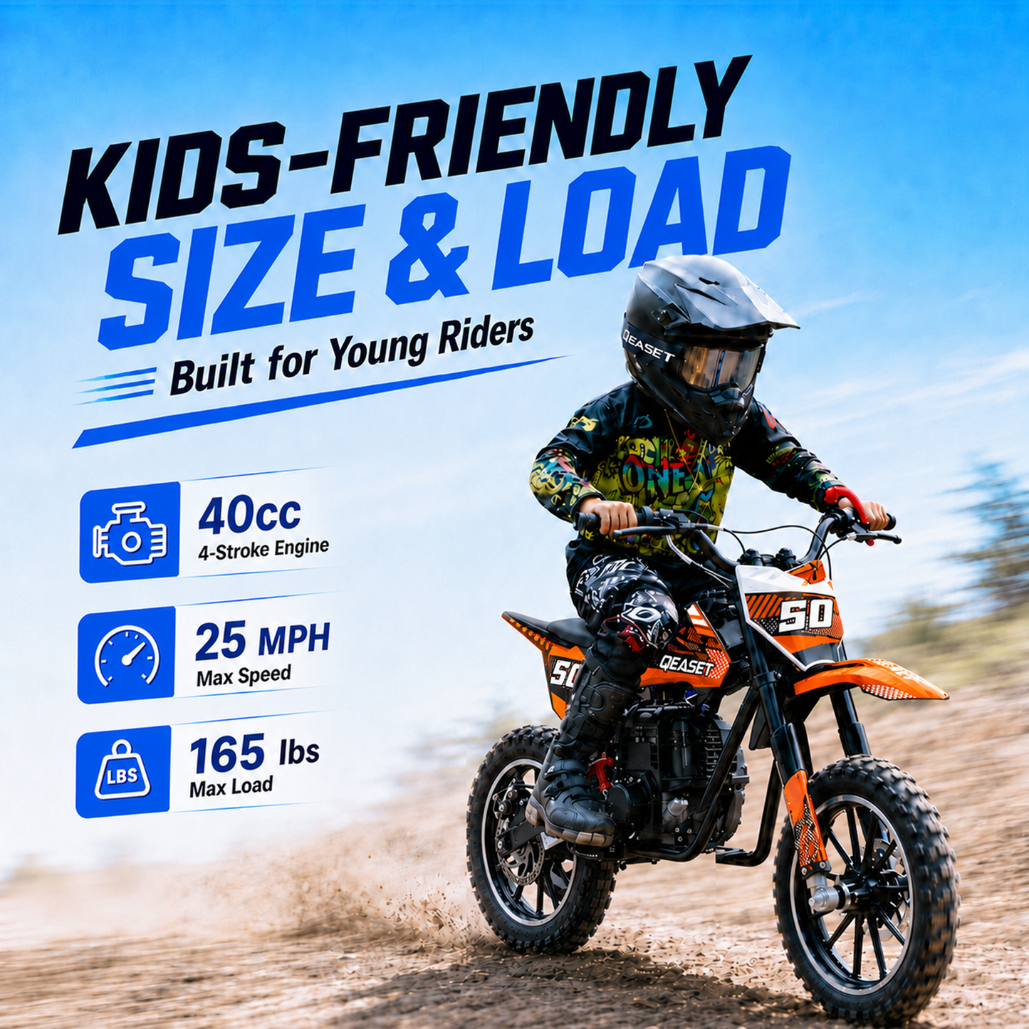 QEASET Mini Gas Powered Ride-On Motorcycle, 39CC 4-Stroke Engine with Disc Brakes, 20 MPH Top Speed, 6.3" Ground Clearance, Supports Up to 165 lbs, Minimal Assembly, Orange