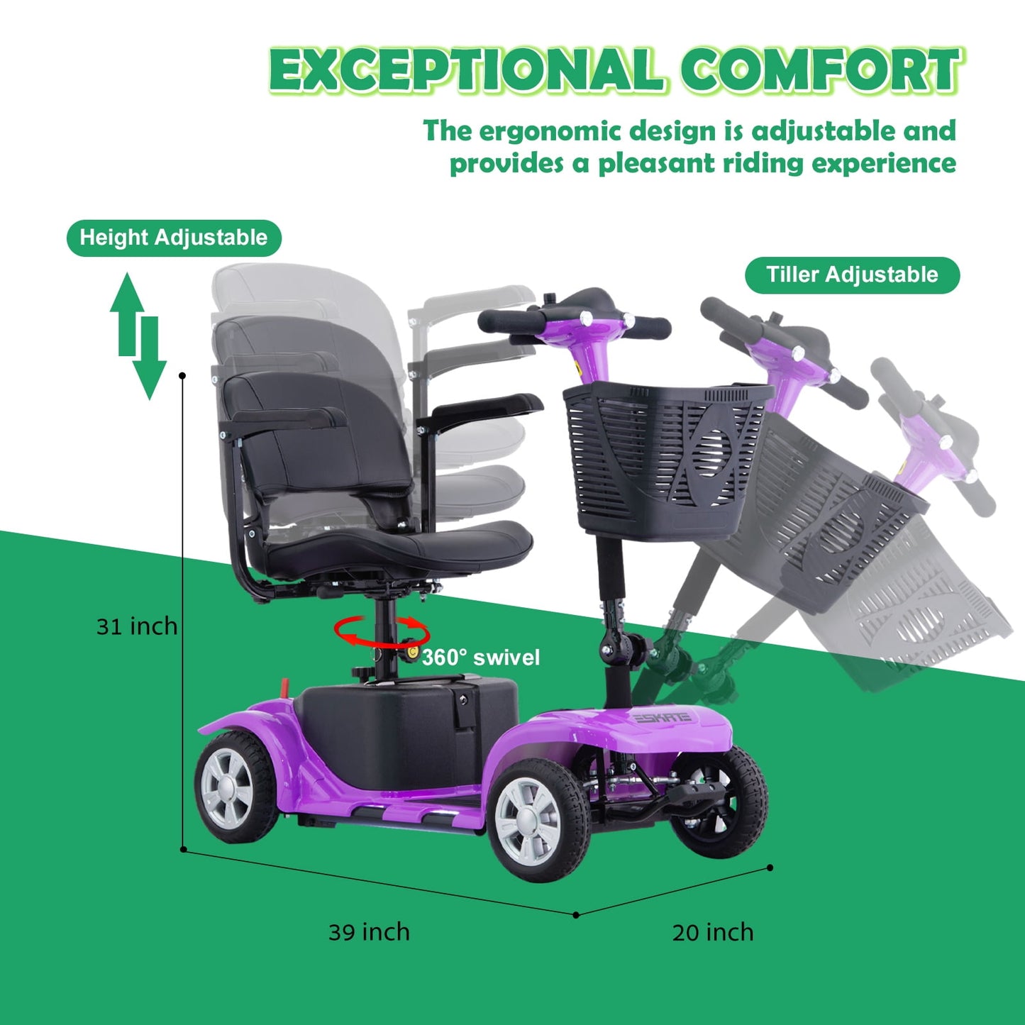 Aoemoe 4 Wheels Mobility Scooter for Adults, Senior Electric Powered Chargeable Device for Travel, Lightweight and Portable, with LED Headlights and Basket, Charger Included (Purple)