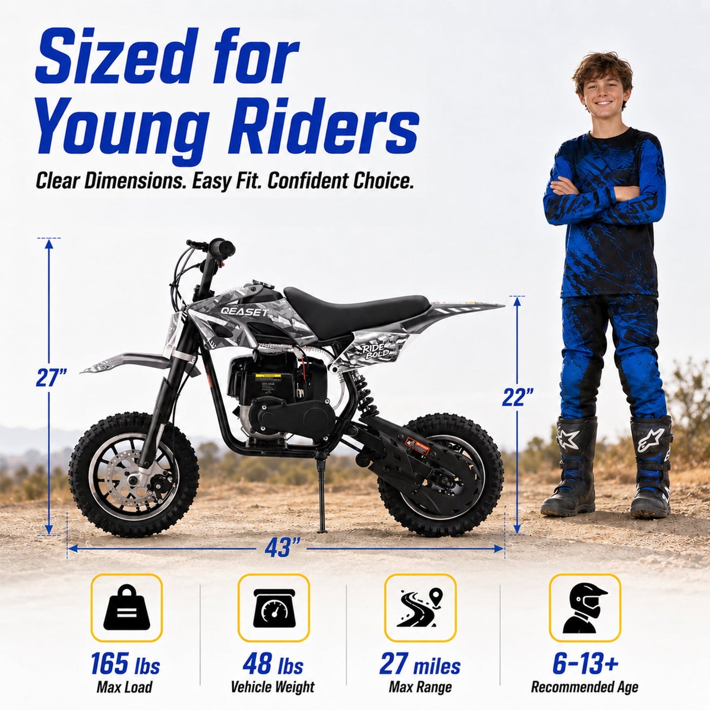 QEASET Mini Bicycles Ride-On Toy, 39cc 4-Stroke Gas Powered Off-Road Motorcycle with Rear Suspension & Disc Brakes, 18 MPH Top Speed, Supports Up to 165 lbs, Black