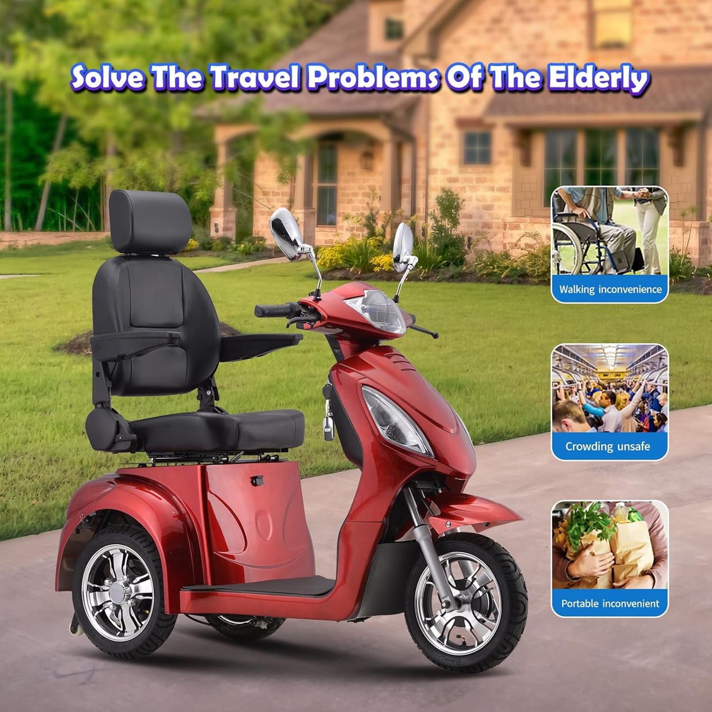 LiltJan 3-Wheel Electric Mobility Scooter for Seniors, 500lb Heavy Duty Capacity Power Scooter, 800W Motorized Medical Scooter with 31-Mile Long Battery Life