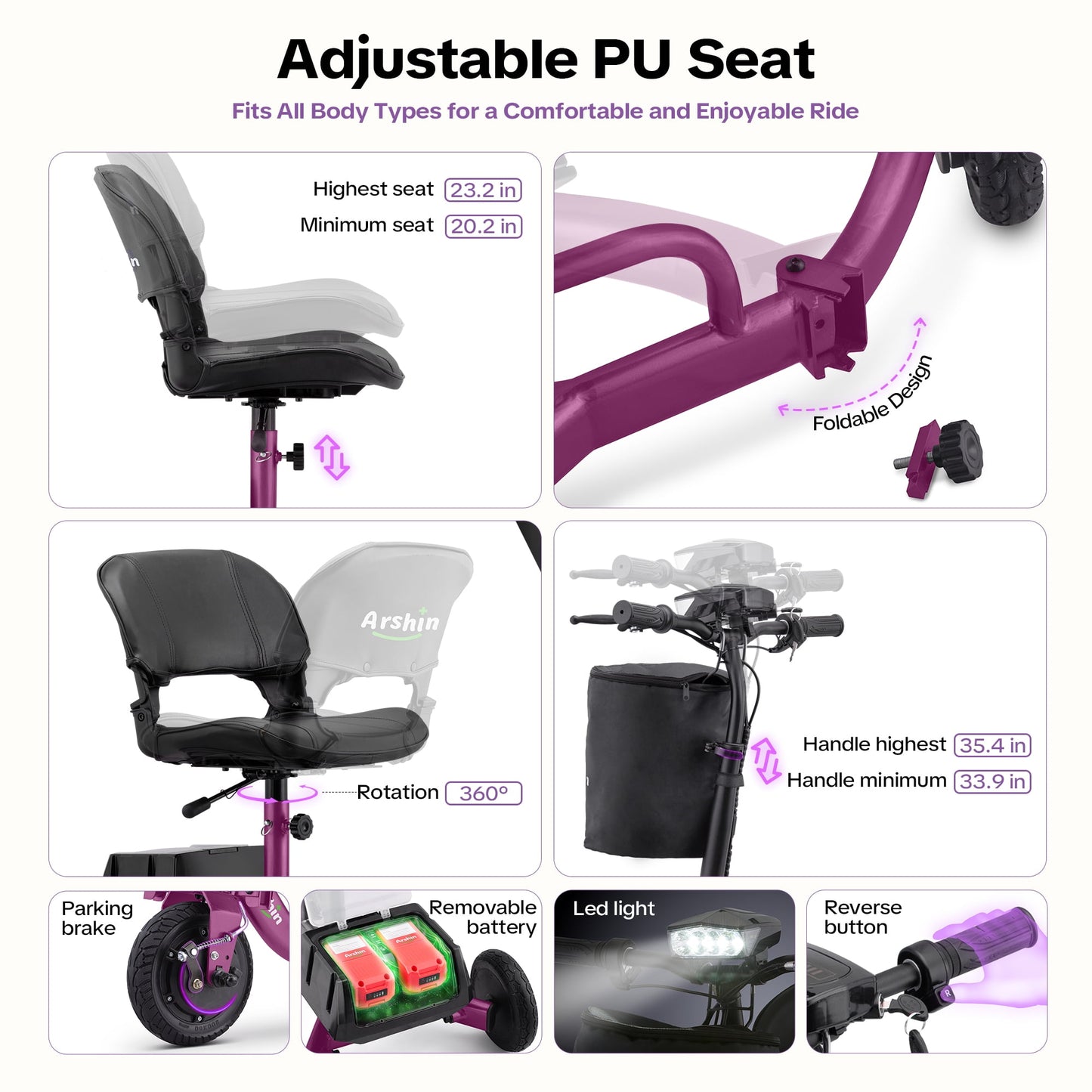 Aoemoe Short-distance mobility scooter, electric, foldable, and lightweight, Purple