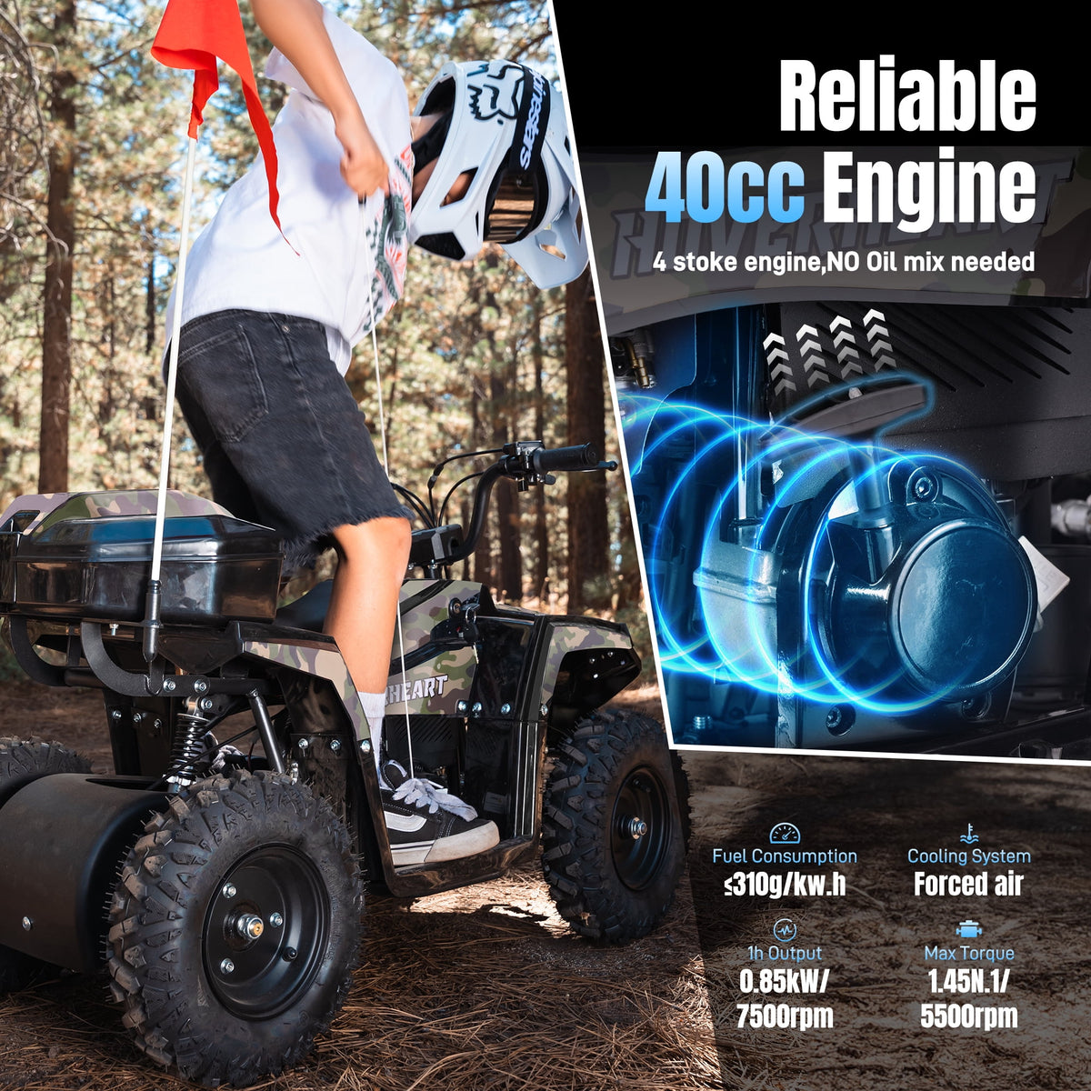 IVFJFV 40 cc Trail Blazer Ride-On Buggy,4 Stroke Dual-Speed Off-road 4-Wheeler, Key-Lock Safe & 10-15mph, Front & Rear Shocks and Knobby Tires for Grass, Dirt and Gravel,GREEN CAMO