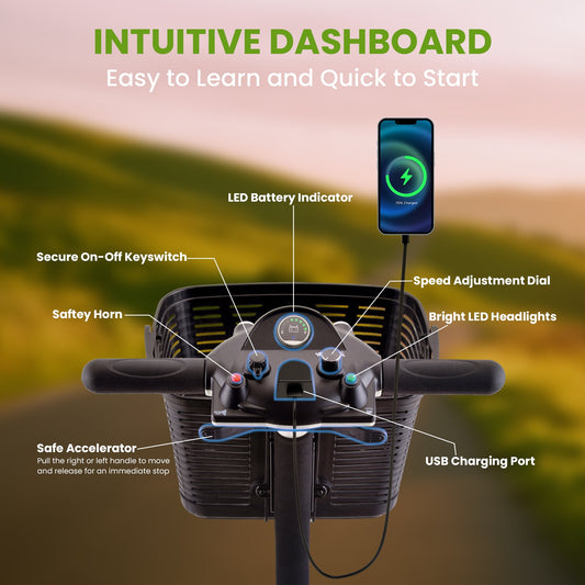 4 Wheels Mobility Scooter for Adults, Senior Electric Powered Chargeable Device for Travel, Lightweight and Portable, with LED Headlights and Basket, Charger Included (Silver)
