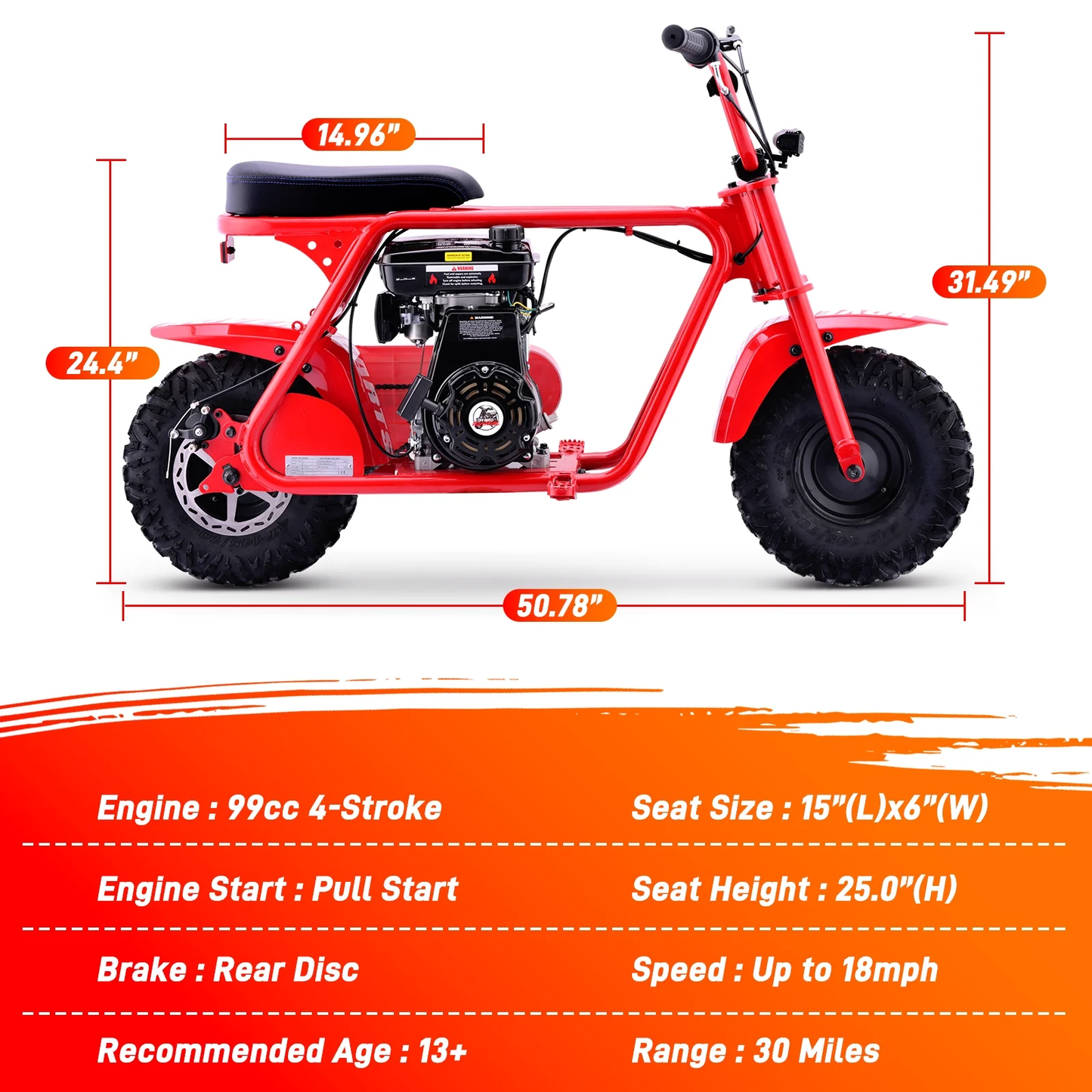 Aoemoe 99CC MB001 Gasoline Mini Dirt Bike,4-Stroke 18MPH Off Road Motorcycle, Weight Support Up to 165 LBS - Red