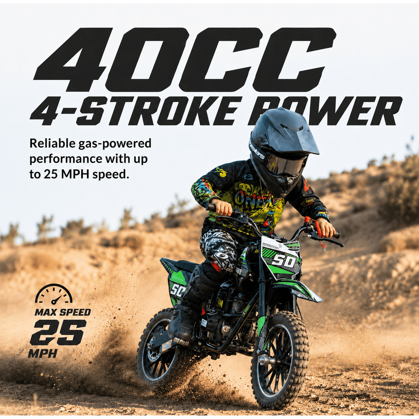 Aoemoe 39cc motor bike, 20mph gas dirt bikes for boys 8 12, Disc Brakes, Max Load 165Lbs, kids dirt bike, Green