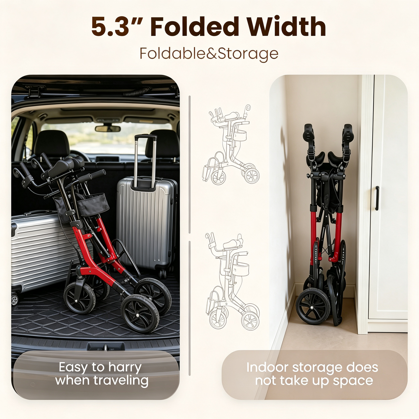 Arshin Foldable Rollator Walker with Seat for Seniors–450 lbs Heavy-Duty Support,Lightweight 19 lbs,10" All-Terrain Wheels for Indoor & Outdoor Use,Adjustable Handles,Compact Fold(Red)