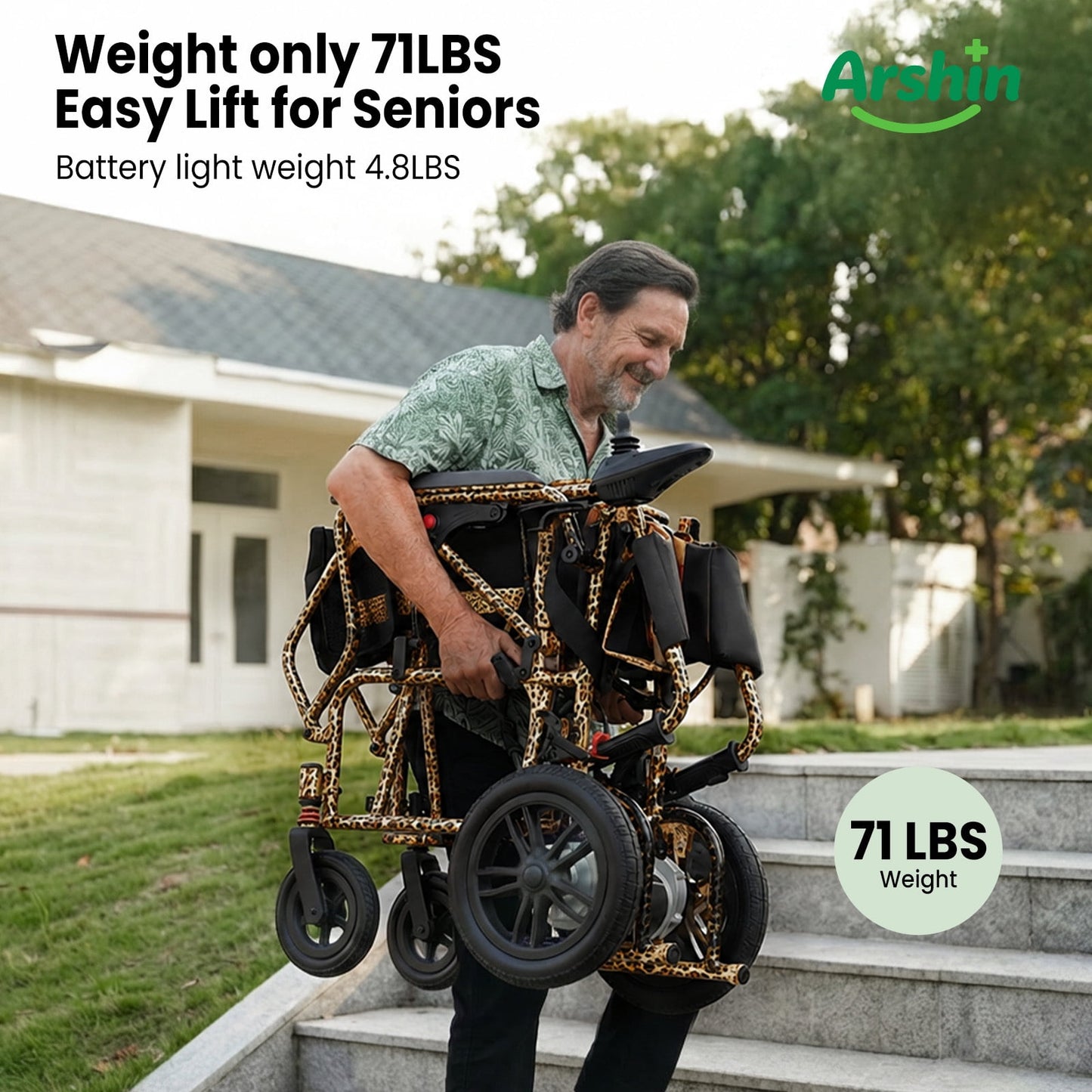 Arshin Electric Wheelchair Lightweight Foldable,20+ Miles Electric Wheelchairs for Adults,360°Joystick Motorized Wheelchair,286+ lbs Capacity,Leopard Brown